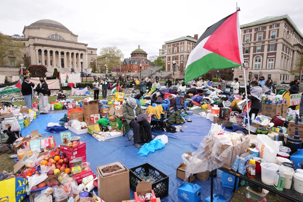 Pro-Palestinian demonstrators gather at an encampment on the lawn of Columbia University.