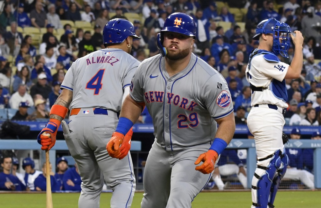 DJ Stewart, celebrating after hitting a homer during the Dodgers series, has given the Mets a lift as their left-hitting DH.