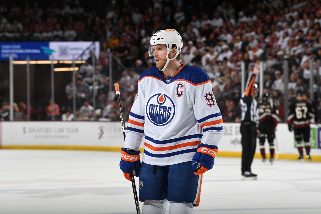 Connor McDavid #97 of the Edmonton Oilers skates up ice against the Arizona Coyotes at Mullett Arena on April 17, 2024 in Tempe, Arizona.