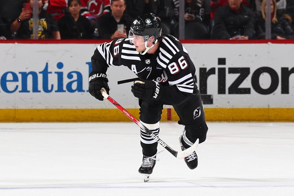 Jack Hughes #86 of the New Jersey Devils skates during the overtime period against the Nashville Predators