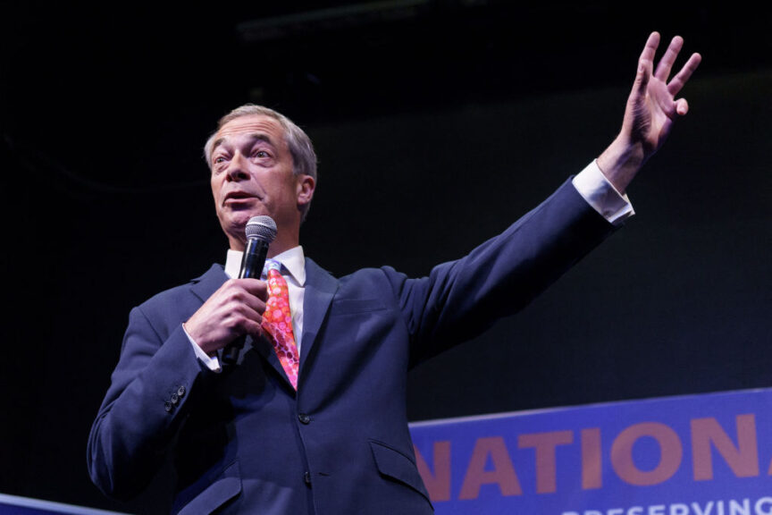 British eurosceptic populist Nigel Farage speaks during the "NatCon" national conservatism conference gathering hard-right politicians at the Claridge hotel in Brussesl on April 16, 2024. Brussels authorities were seeking today to shut down the controversial gathering after it was targeted by a social media protest campaign and bumped from its first two choices of venue. (Photo by Simon Wohlfahrt / AFP) (Photo by SIMON WOHLFAHRT/AFP via Getty Images)