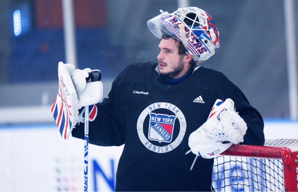 Igor Shesterkin takes a break during a recent practice in preparation for the Rangers' Game 1 match vs. the Capitals on Sunday.