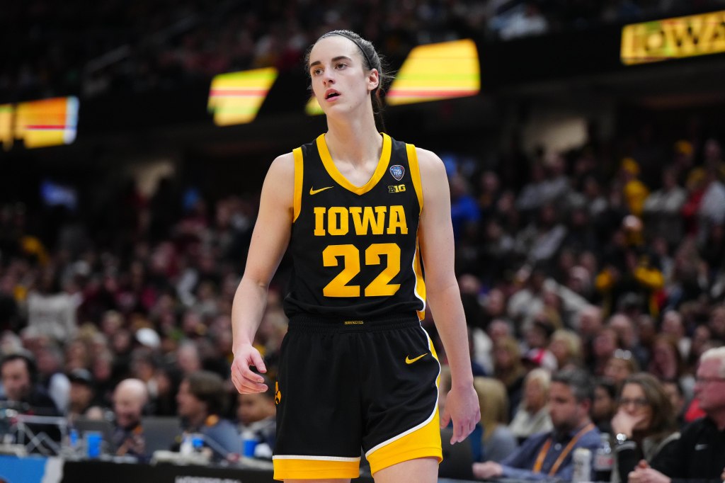 Iowa Hawkeyes guard Caitlin Clark (22) reacts in the fourth quarter against the South Carolina Gamecocks in the finals of the Final Four of the womens 2024 NCAA Tournament at Rocket Mortgage FieldHouse. 