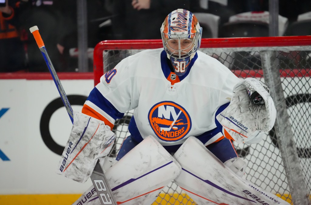 Islanders goalie Ilya Sorokin, making a save during warmups in Game 2, will be making his first start of the series in Game 3 on Thursday.