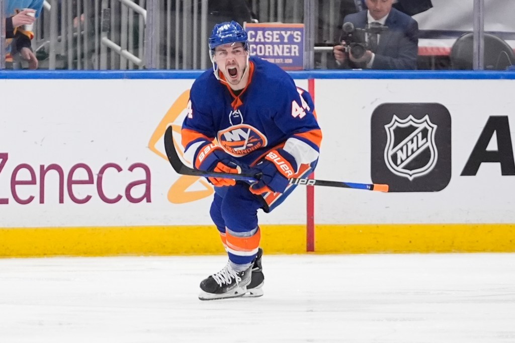 Jean-Gabriel Pageau celebrates after scoring in the Islanders' Game 4 win over the Hurricanes on April 28, 2024. 