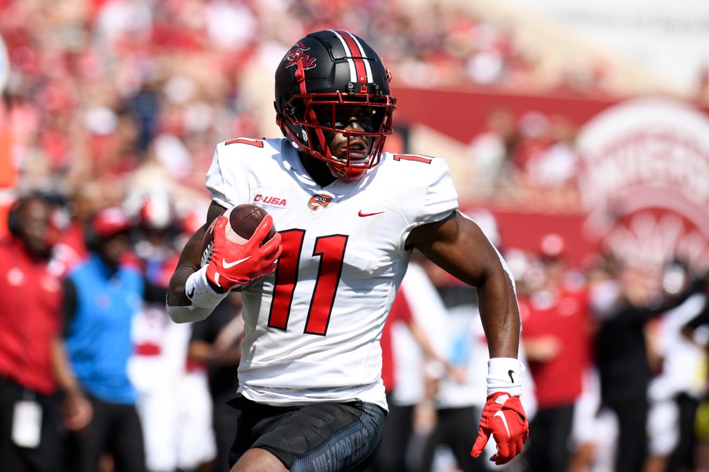 Western Kentucky Hilltoppers wide receiver Malachi Corley (11) advances the ball during the college football game between the Western Kentucky Hilltoppers and the Indiana Hoosiers on September 17, 2022