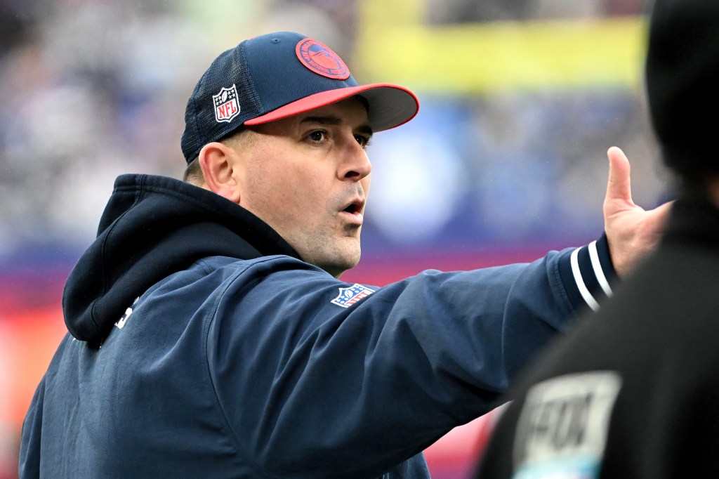 New England Patriots assistant head coach, Joe Judge, reacting during a game against the New York Giants at MetLife Stadium