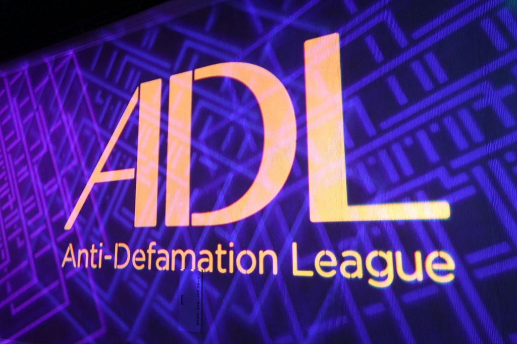 Purple-and-black screen with the words "ADL Anti-Defamation League"