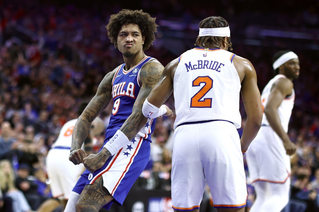 Kelly Oubre Jr. #9 of the Philadelphia 76ers reacts after scoring past Miles McBride #2 of the New York Knicks during the fourth quarter of game three of the Eastern Conference First Round Playoffs at the Wells Fargo Center.