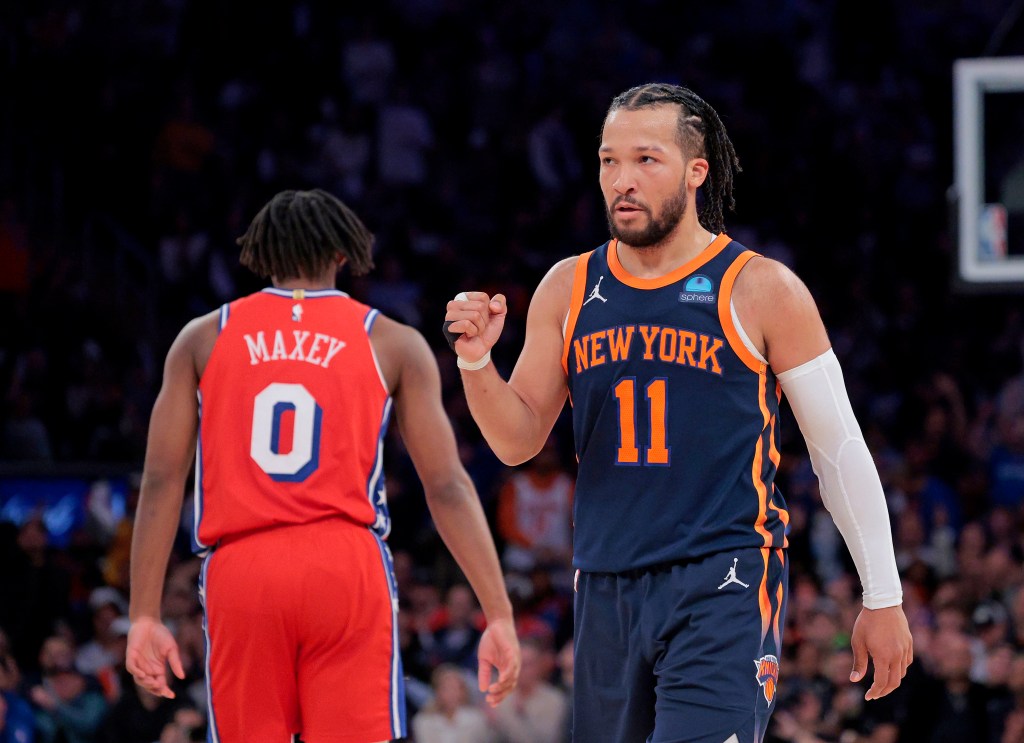 Jalen Brunson celebrates during Game 2 against the 76ers on Monday.