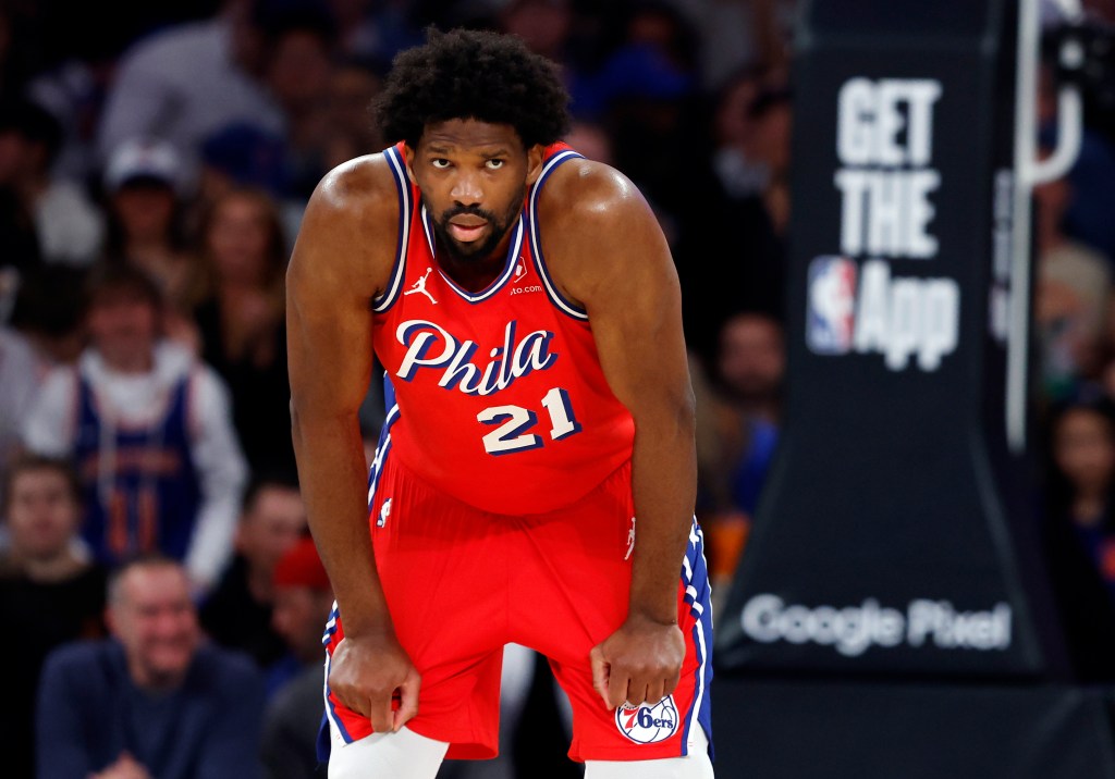 Joel Embiid #21 of the Philadelphia 76ers looks on during the game against the New York Knicks in Game Two of the Eastern Conference First Round Playoffs at Madison Square Garden on April 22, 2024 in New York City.