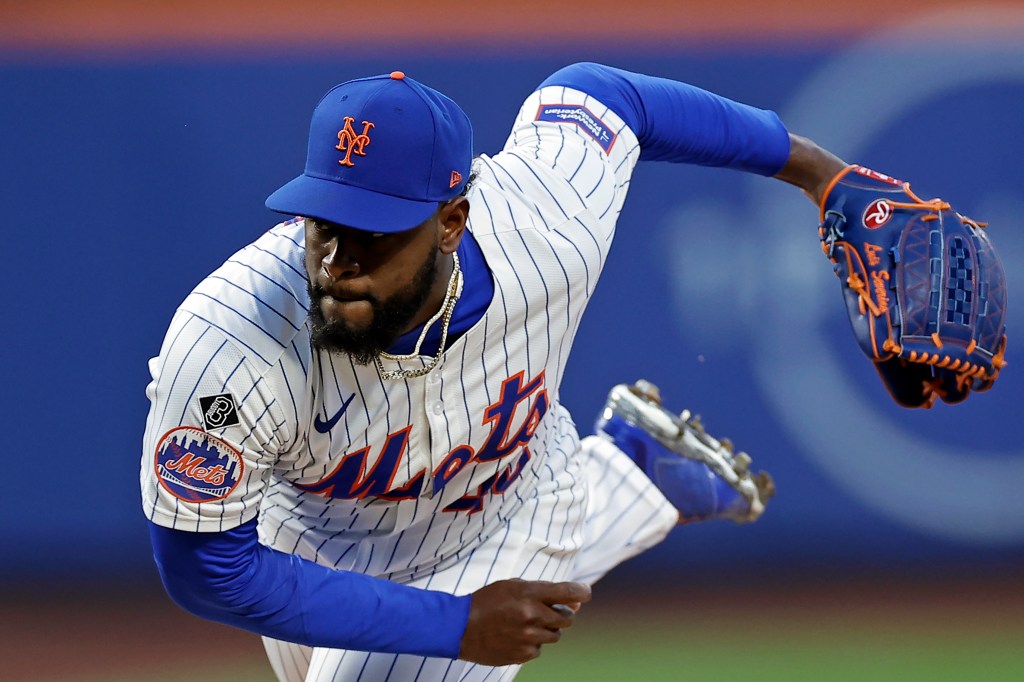 Luis Severino #40 of the New York Mets pitches against the Kansas City Royals during the first inning at Citi Field on April 12, 2024 in New York City.