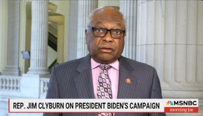 Rep. Jim Clyburn in a suit and tie during an MSNBC interview, being interrupted with breaking news of a 3.5% rise in consumer prices in March