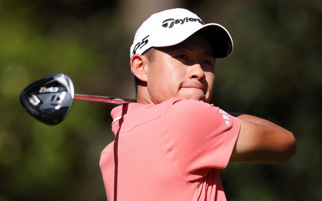 Collin Morikawa hits a tee shot during the third round of the Masters.