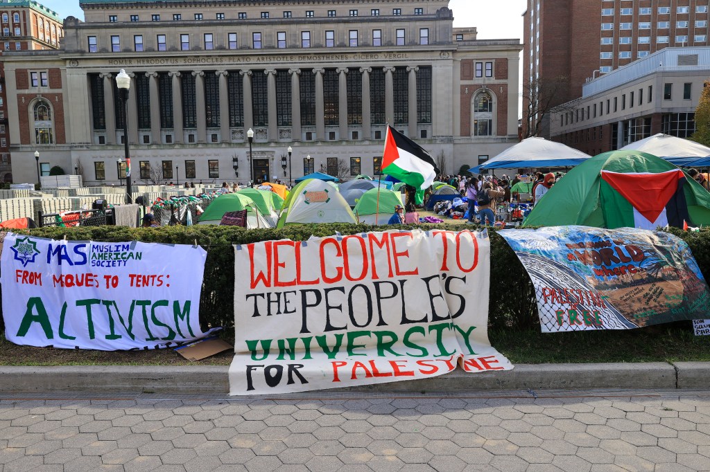 A group of people protesting at the 'Gaza Solidarity Encampment' at Columbia University on April 23, 2024