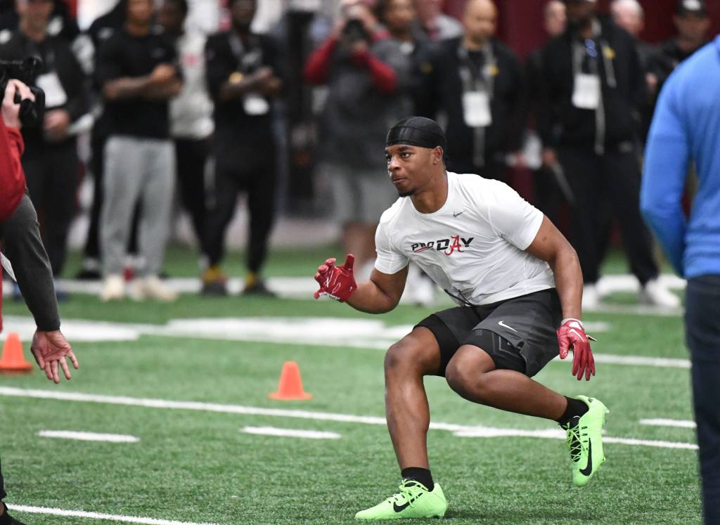 Alabama defensive back Jaylen Key runs a drill at the Hank Crisp Indoor Practice Facility during the University of AlabamaÃ¢â¬â¢s Pro Day.
