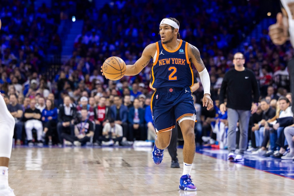 Miles McBride dribbles during the Knicks' Game 4 win over the 76ers on April 28, 2024. 