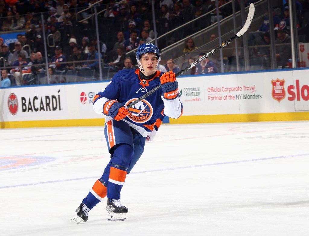 Ruslan Iskhakov #37 of the New York Islanders skates against the Pittsburgh Penguins while playing in his first NHL game at UBS Arena on April 17, 2024 in Elmont, New York.