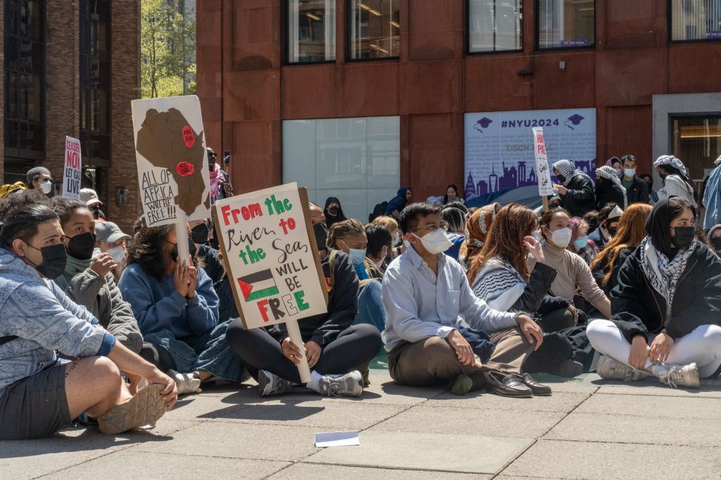 New York University (NYU) students set up a "Liberated Zone" tent encampment in Gould Plaza at NYU Stern School of Business