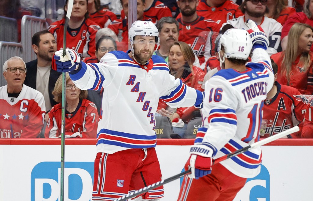 Barclay Goodrow (left) celebrates with Vincent Trocheck after  scoring a short-handed goal during the Rangers' 3-1 Game 3 win over the Capitals.