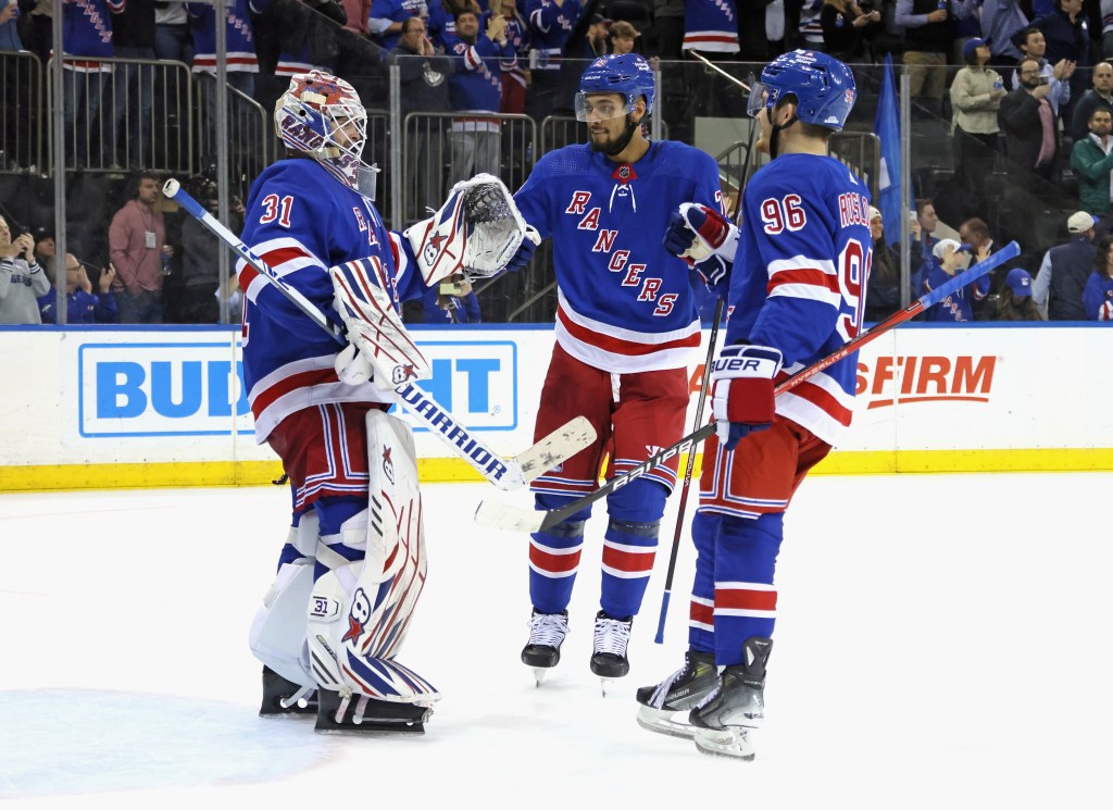 The New York Rangers celebrate victory over the Ottawa Senators at Madison Square Garden on April 15, 2024 in New York City.  The Rangers shut out the Senators 4-0. 