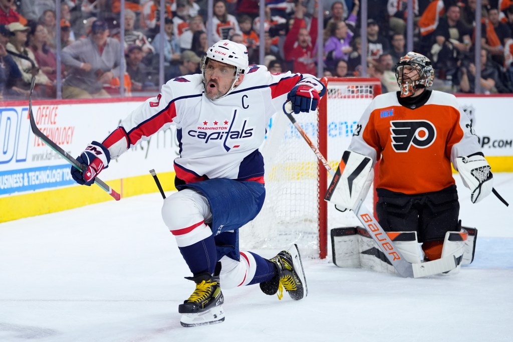 Capitals star Alex Ovechkin celebrates after scoring a goal against the Flyers earlier in the season.