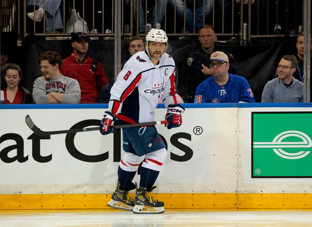 Alex Ovechkin reacts during the Capitals' Game 1 loss to the Rangers on April 21, 2024.