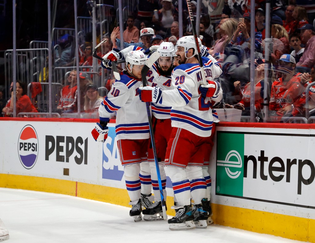 Chris Kreider of the New York Rangers scores a goal during the first period of Game 4 on Sunday.