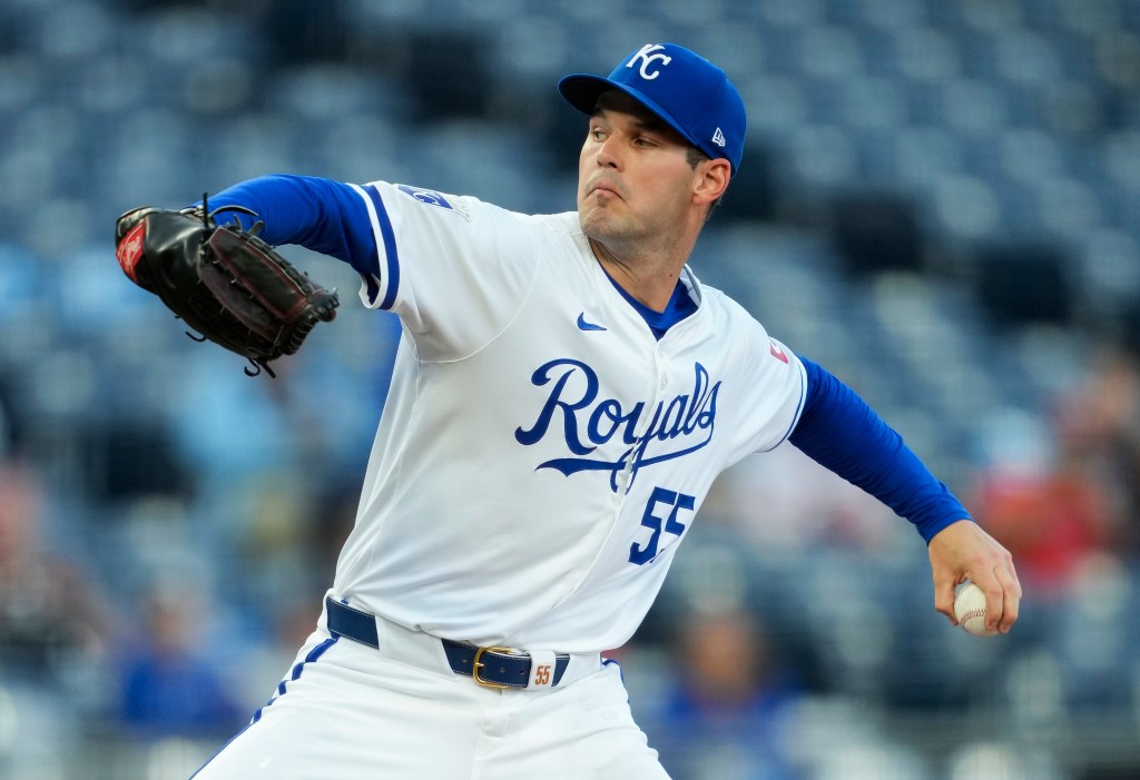 Cole Ragans #55 of the Kansas City Royals pitches during the first inning against the Houston Astros at Kauffman Stadium on April 9, 2024 in Kansas City, Missouri.