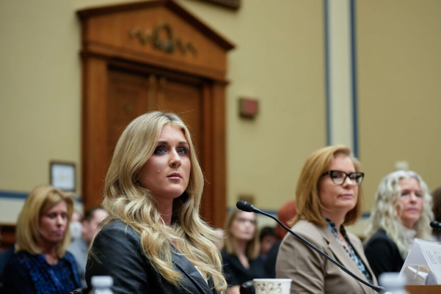 WASHINGTON, DC - DECEMBER 5: Former collegiate swimmer Riley Gaines (L) testifies during a House Oversight Subcommittee on Health Care and Financial Services hearing on Capitol Hill December 5, 2023 in Washington, DC. The hearing focused on the Biden administration's proposed rule changes to Title IX to redefine the definition of sexual discrimination to include gender identity. (Photo by Drew Angerer/Getty Images)