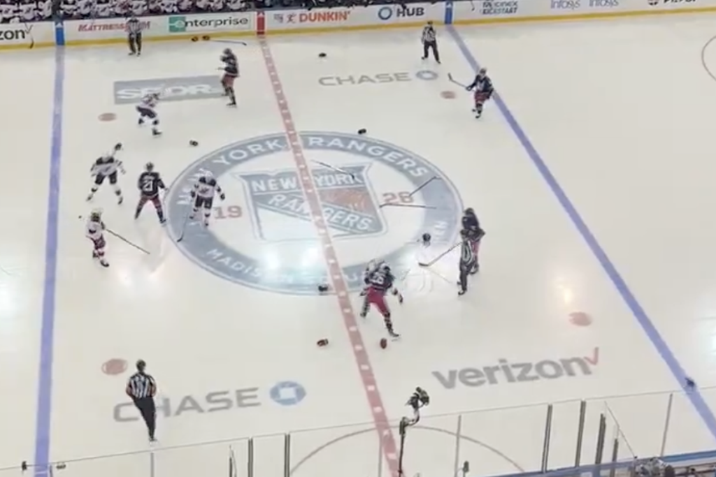 Rangers and Devils fight at Madison Square Garden.