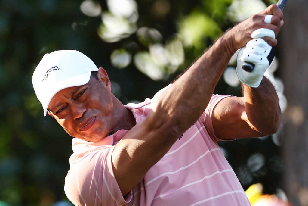 Tiger Woods of the United States plays his shot from the ninth tee during the first round of the 2024 Masters Tournament at Augusta National Golf Club on April 11, 2024.