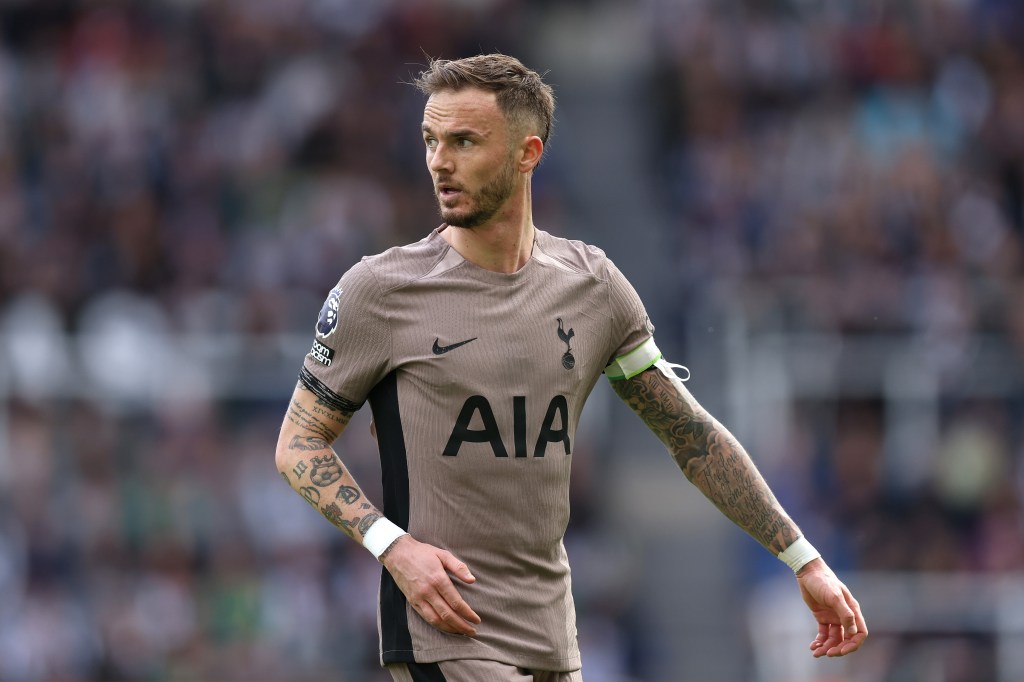 James Maddison of Tottenham Hotspur looks on during the Premier League match between Newcastle United and Tottenham Hotspur at St. James Park on April 13, 2024 in Newcastle upon Tyne, England. 