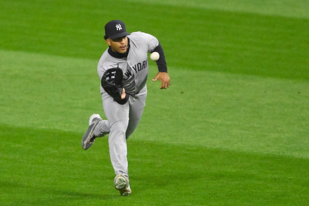 Trent Grisham, pictured Saturday against the Guardians, has been in the Yankees' lineup just four times this season.