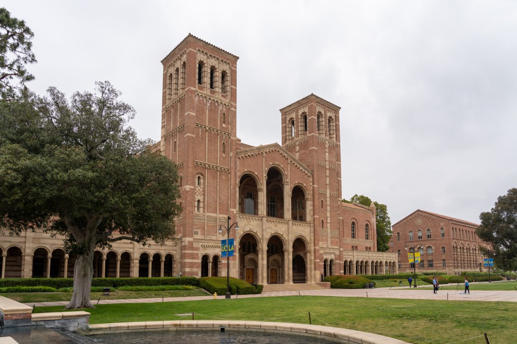 Royce Hall building at UCLA campus with a fountain in front, Los Angeles, California, USA, May 28, 2023