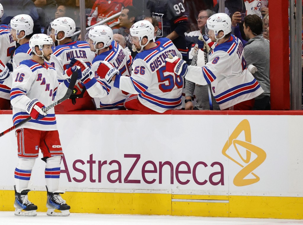 Vincent Trocheck accepts congratulations from teammates after he scores a second-period goal during the Rangers' 3-1 Game 3 victory over the Capitals.