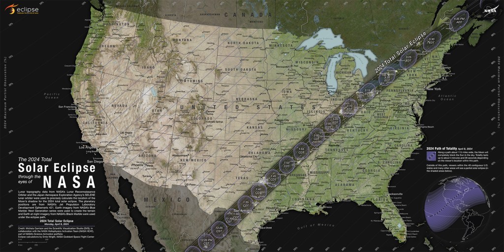 A map showing the path of totality for a total solar eclipse Monday, April 8, 2024.  The eclipse will cross North America, passing over Mexico, the United States, and Canada. The total solar eclipse will begin over the South Pacific Ocean. Weather permitting, the first location in continental North America that will experience totality is Mexicoâs Pacific coast at around 11:07 a.m. PDT.