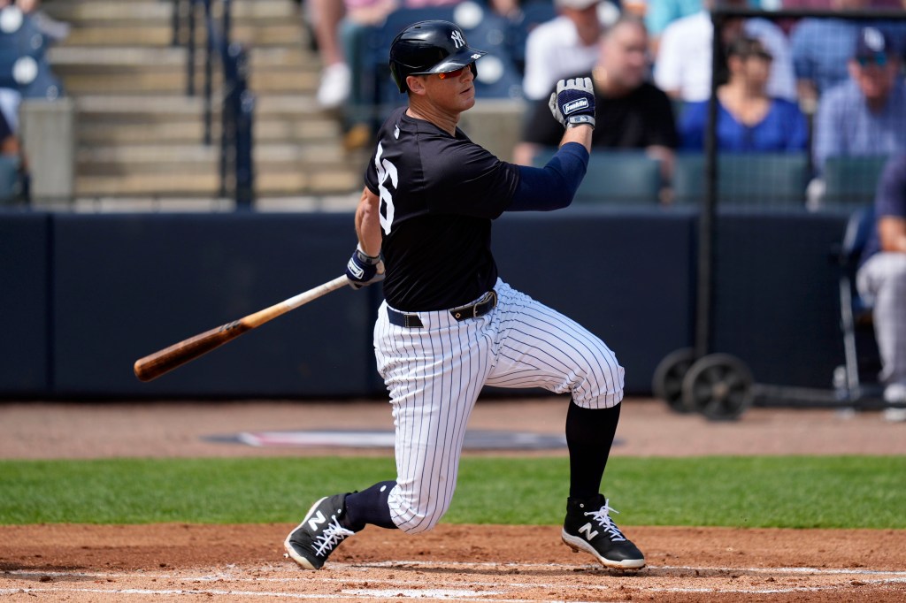 DJ LeMahieu grounds out during a spring training game earlier this season.