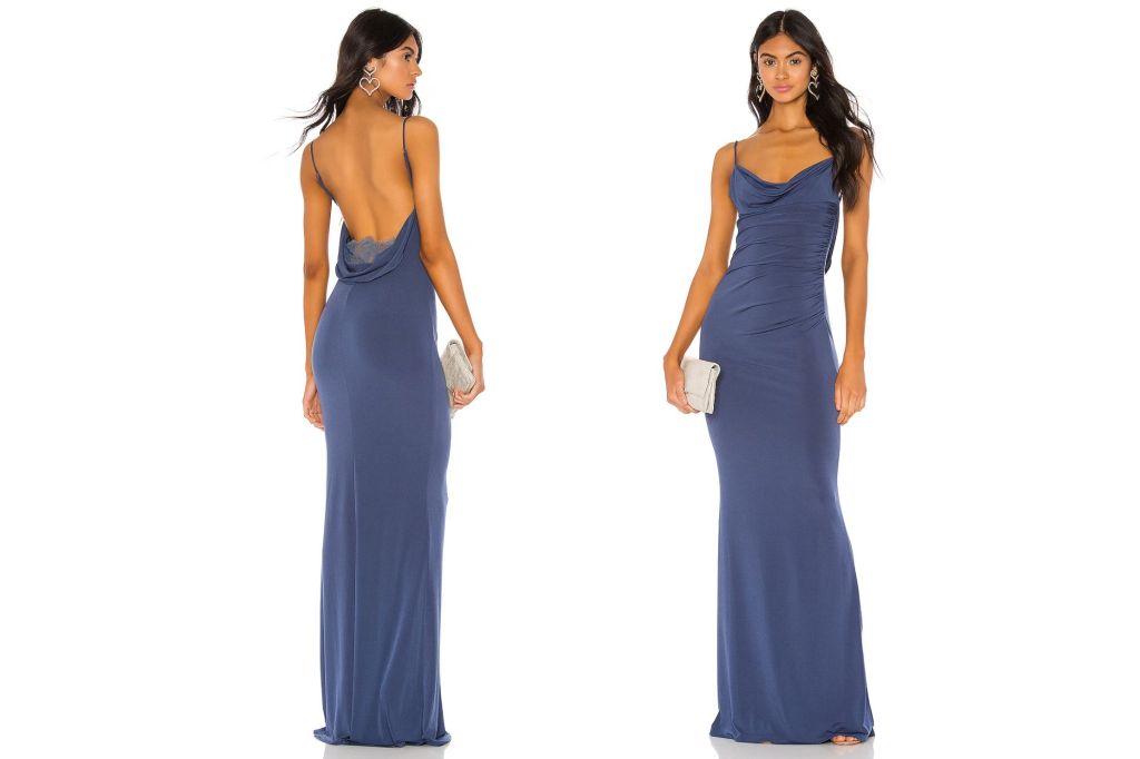 Two pictures of a woman in a long blue dress.