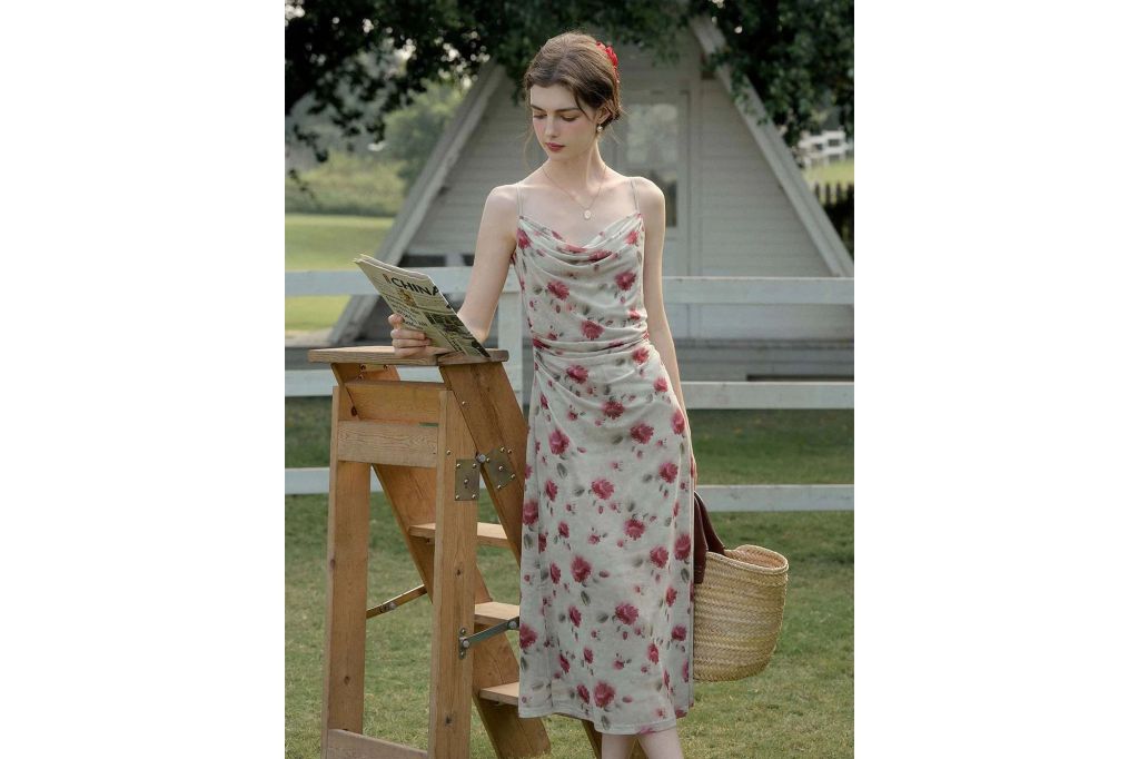 A woman in a floral dress standing outside.