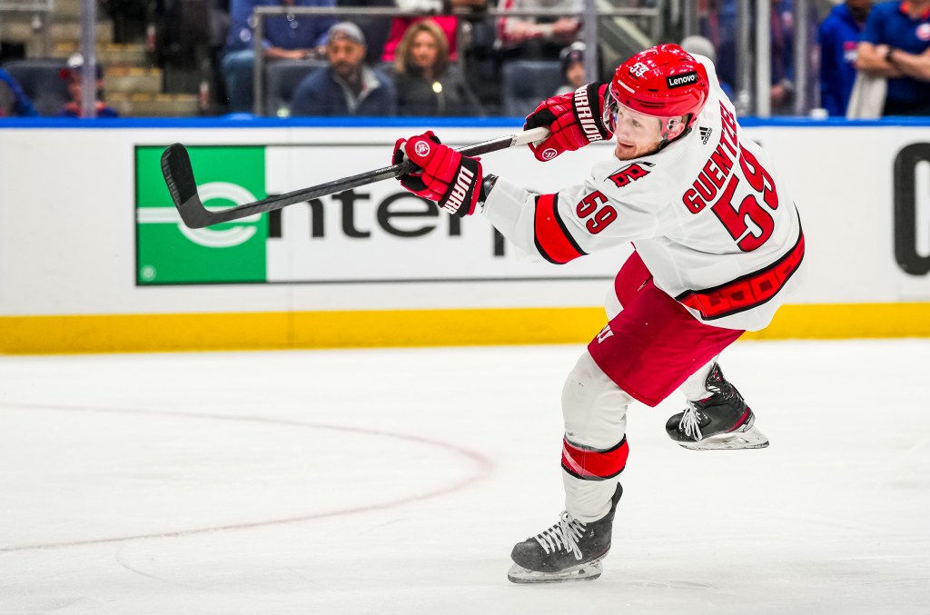 Jake Guentzel takes a slap shot during Game 3 of the Hurricanes' five-game series victory over the Islanders.