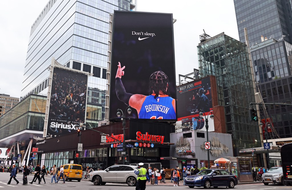 Photo of a Nike billboard featuring New York Knicks guard Jalen Brunson, on the corner of W. 34th street and 7th avenue.