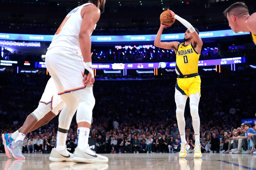 Tyrese Haliburton shoots during the Pacers' Game 1 loss to the Knicks on May 6, 2024. 