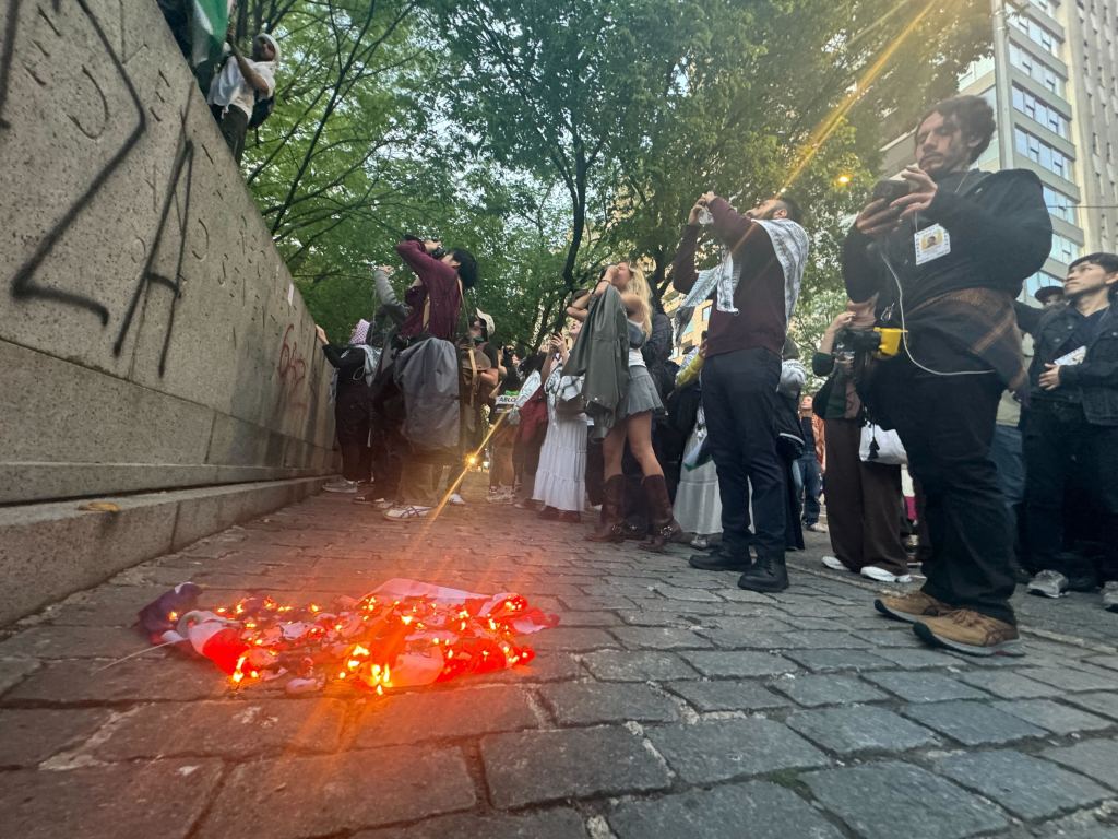 Protesters set about vandalizing a World War I memorial and burned a US flag near Central Park.