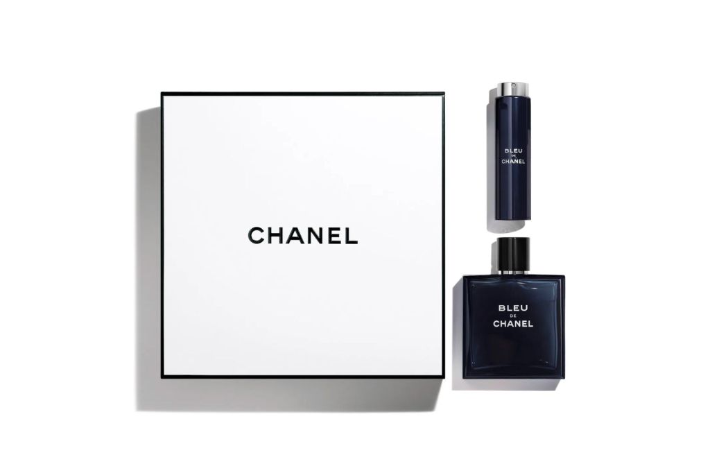 A cologne gift set with two bottles of Bleu Chanel cologne.