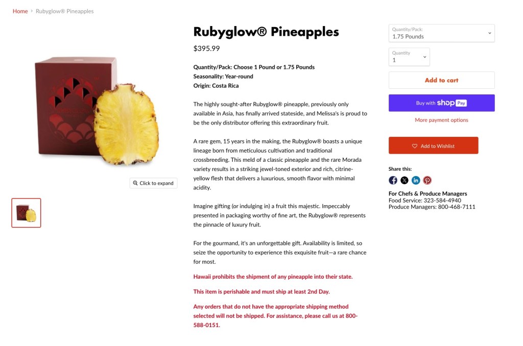 The Rubyglow pineapple being sold for $395.99