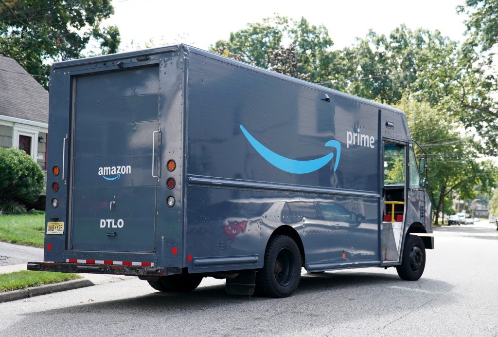 Amazon Prime delivery truck parked in Hawthorne, NJ