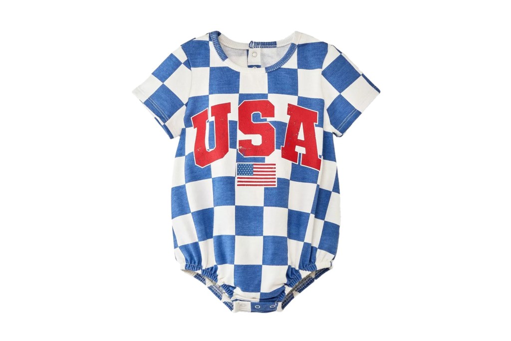 Blue and white checkered bodysuit with a flag design