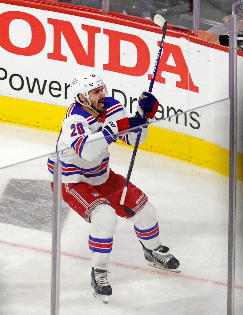 Chris Kreider celebrates after scoring a second-period goal during the Rangers' Game 3 overtime win.