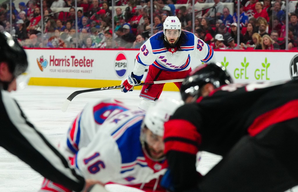 Rangers center Mika Zibanejad (93) looks on against the Carolina Hurricanes during the second period in game three